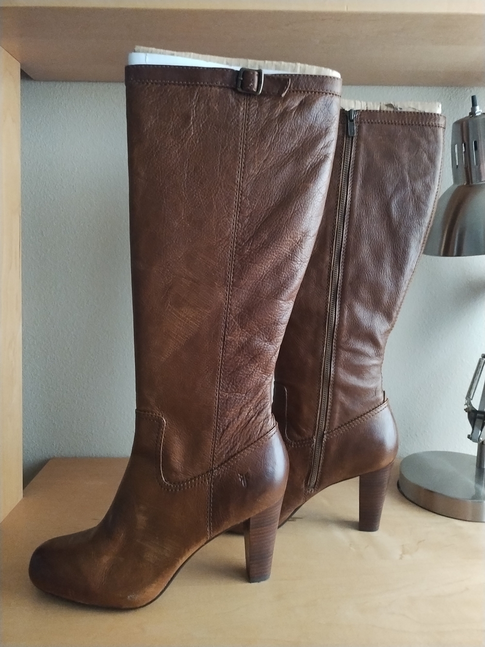 Frye Miranda Zip Leather Knee-High Heeled Boots In Cognac - Picture 3 of 10